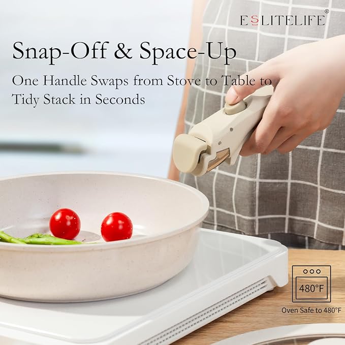 ESLITE LIFE Nonstick Ceramic Frying Pans Skillets Set with Lids & Detachable Handle, Non-Toxic Egg Omelette Kitchen Cooking Pans Compatible with All Stovetops, PTFE & PFOA Free, White, 7-Piece