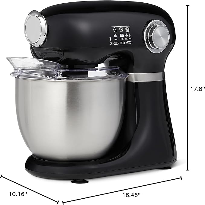 Amazon Basics Tilt-Head Stand Mixer with 5.3Qt Bowl, Dough Hook, Beater and Whisk, 12 Speeds, 350W, Black