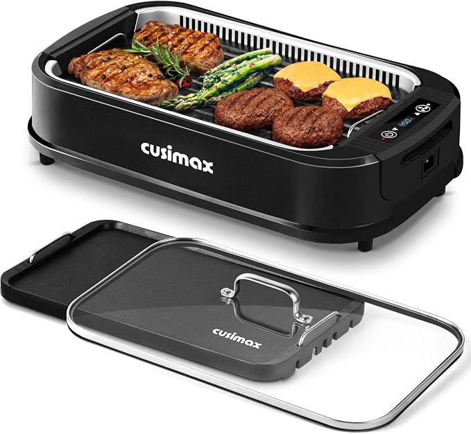 Indoor Grill, CUSIMAX Smokeless Grill Indoor, 1500W Electric Grill Griddle | Korean BBQ with Smart LED Display & Tempered Glass Lid, Non-stick Removable Grill Plate & Griddle Plate, Easy Cleanup, Black