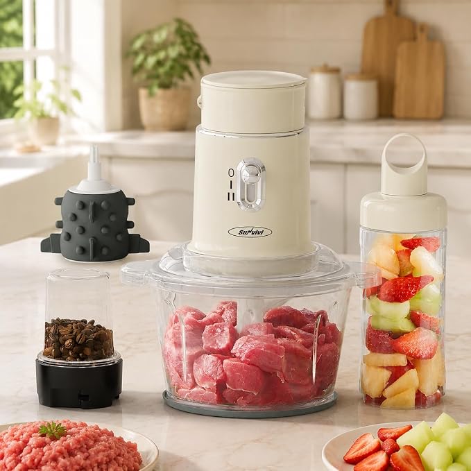 Sunvivi 4-in-1 Electric Food Chopper & Small Food Processor, Meat Grinder, Garlic Peeler & Juicer, 2-Speed Mini Food Processor with 1.5L Glass Bowl and 2 Cups (0.4L+0.2L), Beige