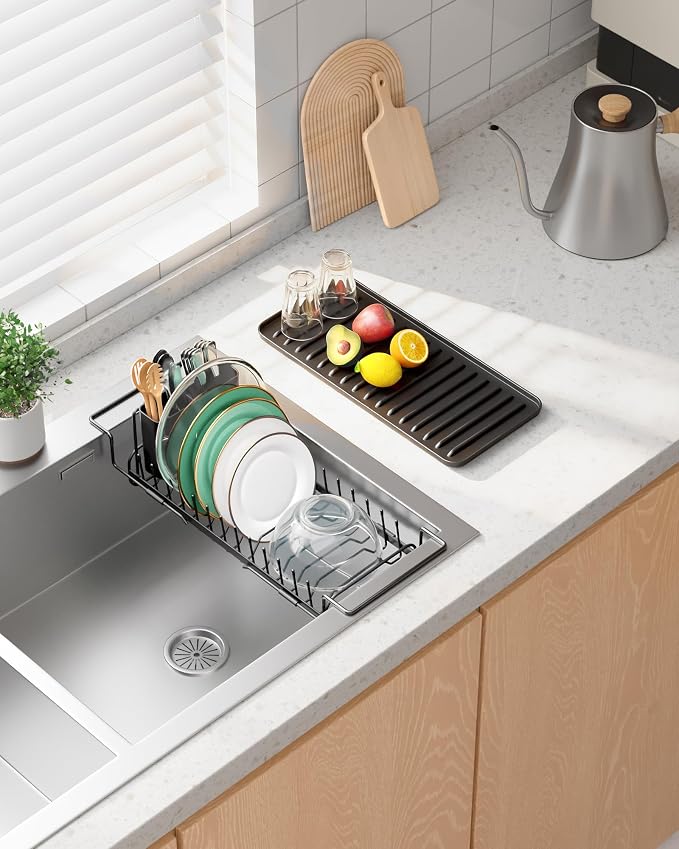Kitsure Expandable Dish Rack for Kitchen Counter, Medium, Black | Over Sink Or In Sink Dish Drying Rack, Dish Drainer with Cutlery Holder & Drip Tray, 14.0"-20.9"L x 6.3"W x 8.0"H