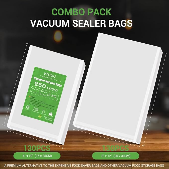 Chamber Vacuum Sealer Bags 260 Quart size 8" x 12", Pint Size 6" x 10" For Vacuum Chamber Bags Pre-Cut Chamber Vacuum Bags- BPA-Free -Heavy Duty Chamber Machine Pouches