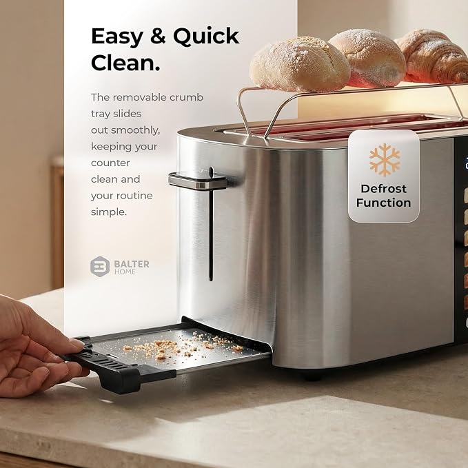 Balter Toaster 4 Slice Wide Slot, Bagel Function, Long Slot, Stainless Steel, Touch Screen, Built-in Rack, Extra-Wide 1.5" Slots for Thick Breads & Bagel, Timer, BPA-Free, 6 Levels, Removable Tray