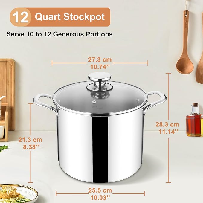 Herogo 12 QT Stock Pot, Tri-ply 18/10 Stainless Steel Cooking Pot with Lid, 12 Quart Large Metal Pasta Stockpot for Chicken Soup, Big Stockpot for Induction Gas Electric Stove, Dishwasher Safe