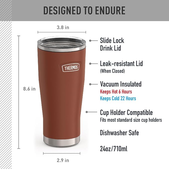 THERMOS Icon Series 24oz Stainless Steel Tumbler with Slide Lock Lid, Leakproof, Fits Cupholder, Dishwasher Safe, Griptec™ Non‑Slip Base, Keeps Drinks Hot 6 Hrs/Cold 22 Hrs, Saddle
