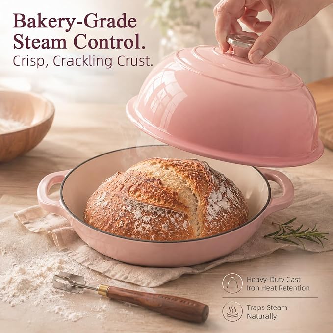 AHJ 6QT Enameled Cast Iron Dutch Oven for Sourdough Bread Baking | 7-Layer Construction Bread Oven with Proofing Basket, Silicone Sling and Mitts; Steam-Locking Dome, 500°F Safe, All Stovetops