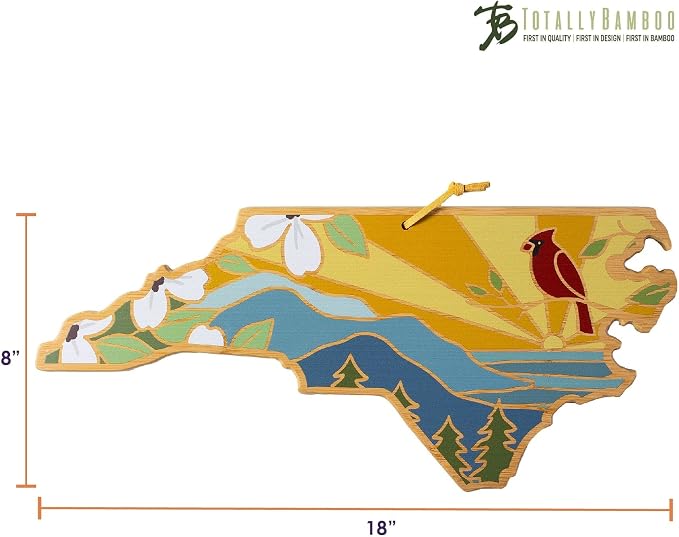 Totally Bamboo North Carolina State Shaped Cutting Board, Summer Stokes Art | State charcuterie board with colorful hand-drawn landscape art. Smooth reverse side for food prep. Hang tie for wall display.