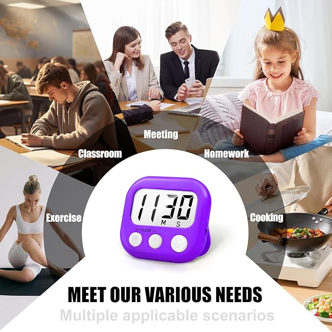 6 Pack Digital Kitchen Timer for Cooking Big Digits Loud Alarm Magnetic Backing Stand Cooking Timers for Baking Purple