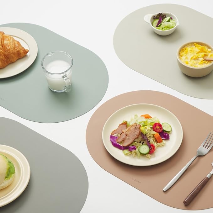 Matt Multi-Color Oval Silicone Placemats Set of 4 – Heat Resistant, Waterproof, Easy to Clean Non-Slip Modern Dining Table Mats – Premium Leather Textured Japandi Kitchen Decor
