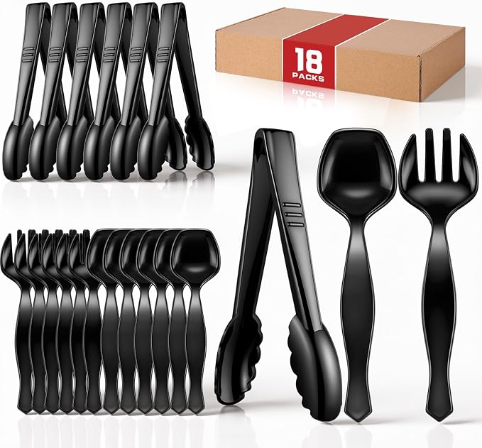 Mwellewm Plastic Serving Utensils Set Disposable Tongs Spoons for Buffet | Heavy Duty, BPA free, Black, Large 18Pcs Party Catering Supplies Buffet Display Utensils for Restaurant, Wedding,Banquet,Food