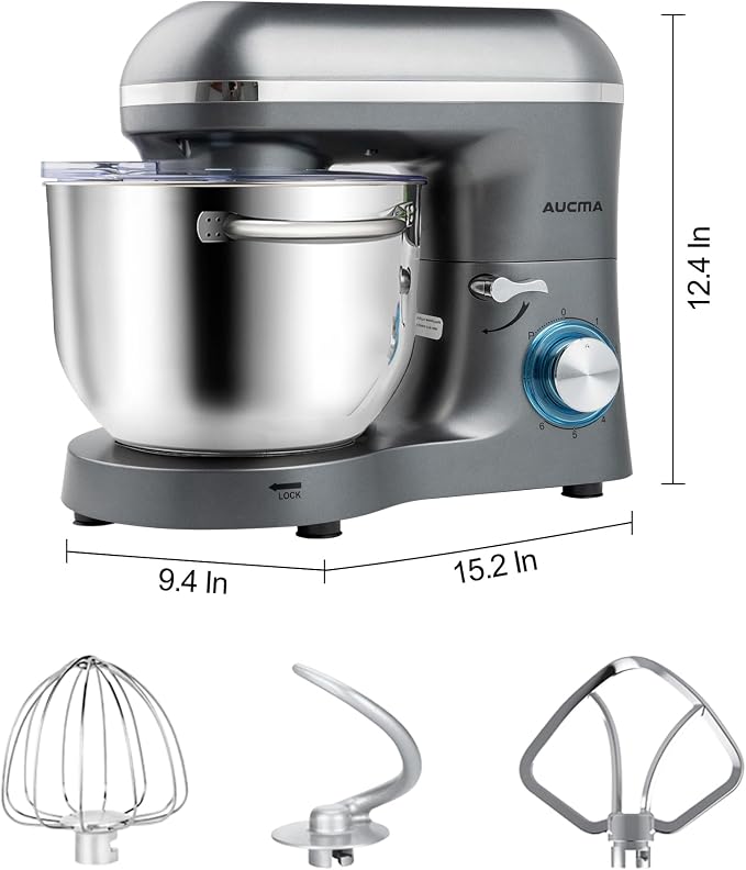 Aucma Stand Mixer,6.5-QT 660W 6-Speed Tilt-Head Food Mixer, Kitchen Electric Mixer with Dough Hook, Wire Whip & Beater (Gray, 6.5QT)