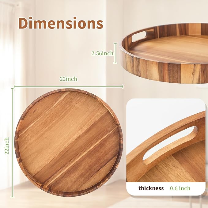 Large Ottoman Tray, 22" Big Ottoman Tray for Living Room, Large Serving Tray with Handles for Coffee Table Kitchen Counter,Great Round Wooden Trays with 4 Round Coasters for Appetizers, Dinner
