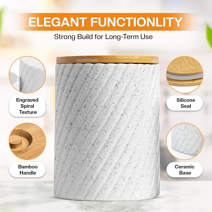 Flour Sugar Storage Containers - Ceramic Canister Set of 3 with Airtight Bamboo Lids for Kitchen Counter - 80, 40 & 20 oz, White