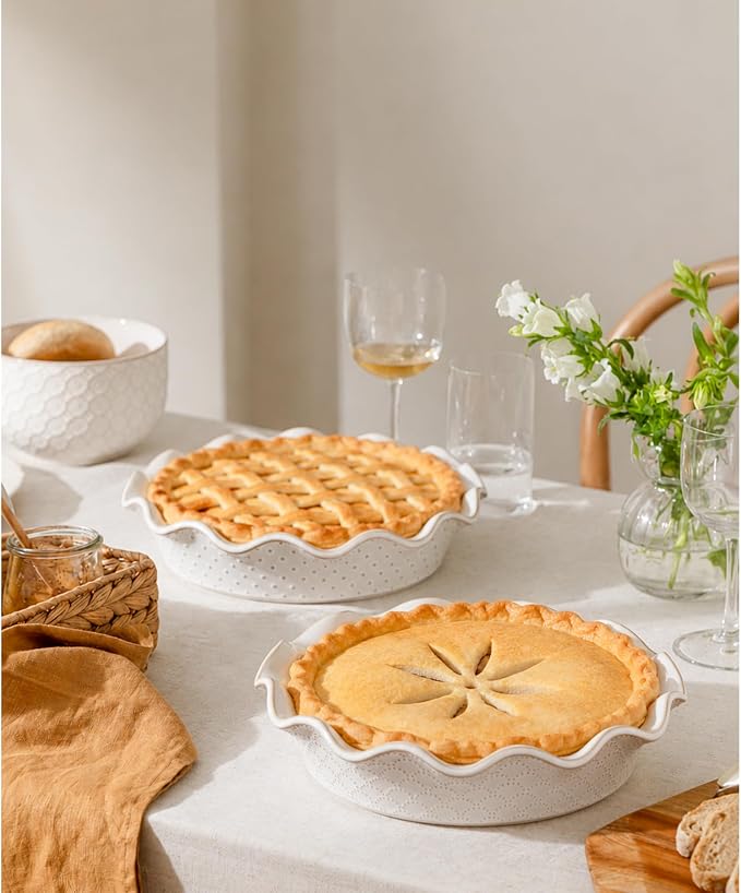 Ceramic Deep Pie Pan for Baking, 11 inch Porcelain Pie Plate for Apple Pie, Oven & Dishwasher Safe, Farmhouse Decor, 48 Ounce Deep Plate for Kitchen, Non-Stick Pie Dish, Embossed Diamond