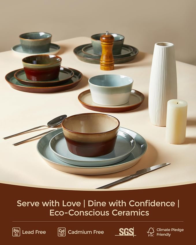 Dinnerware Set for 8, Ceramic Dish Sets, Plate and Bowl Set, Microwave & Dishwasher Safe Dishware Set, Chip & Scratch Resistant Dinner Set, One-of-a-Kind Design, Amber Brown