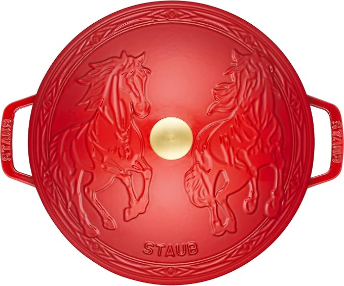 Staub Cast Iron Essential French Oven, Dutch Oven, 5-quart, serves 5-6, Made in France, with Horse Lid - Cherry