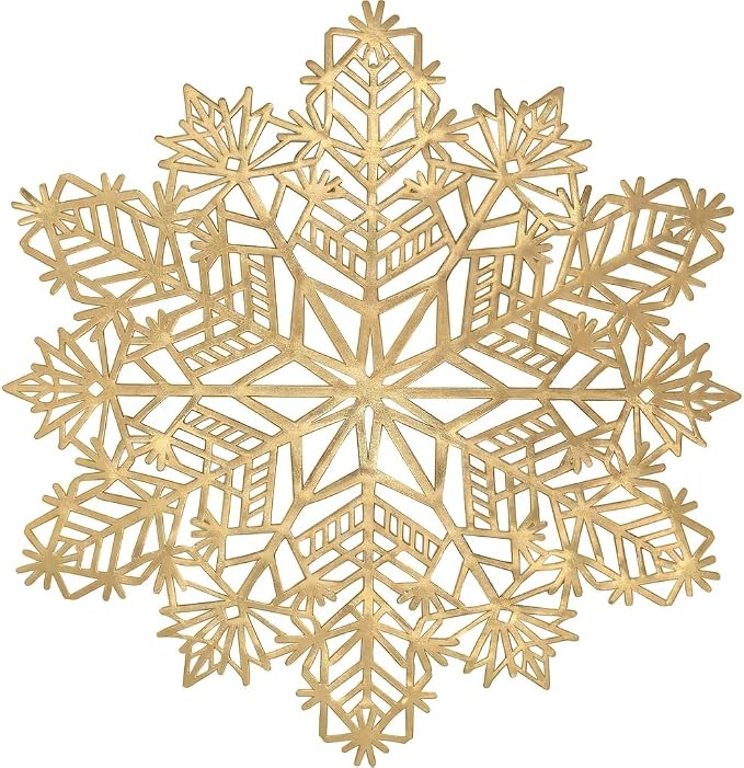 ADRIMER Snowflake Placemats Set of 12, Gold Vinyl Table Mats 15 Inch | Easy to Clean Placemat, Heat Resistant Hollow Wipeable Table Placemats for Thanksgiving Christmas Wedding Holiday Decor