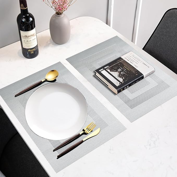 PIGCHCY Placemats Set of 6,Washable Woven Vinyl Kitchen Table Mats Non Slip Placemats Durable Heat Resistant Placemats for Dining Table(Silver White)