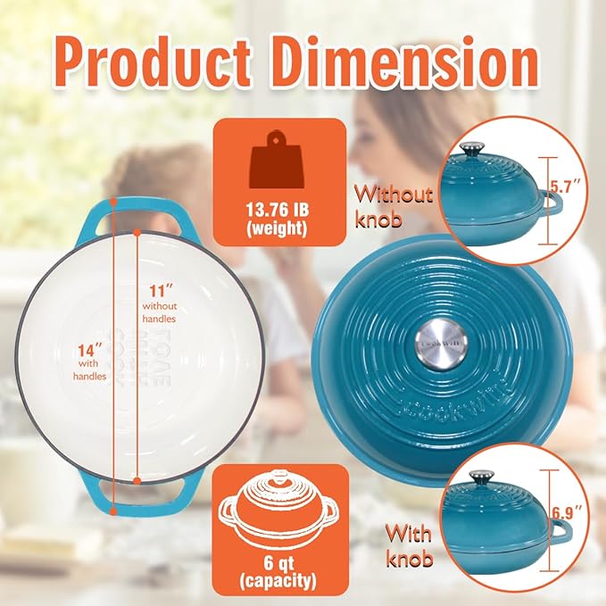 6 Quart Enameled Cast Iron Dutch Oven for Bread Sourdough Baking, Round Heavy-Duty Bread Loaf Pan with Lid, for Stews, Roasts