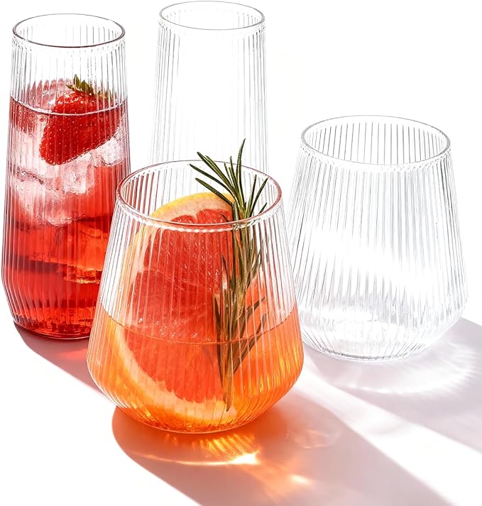 BESTSTAR 24 Pack Clear Plastic Ribbed Origami Ripple Plastic Glasses Set | 12 9 OZ Stemless Champagne Flutes & 12 12OZ Cups, BPA-Free Shatterproof Clear Drinkware for Weddings, Parties & Events