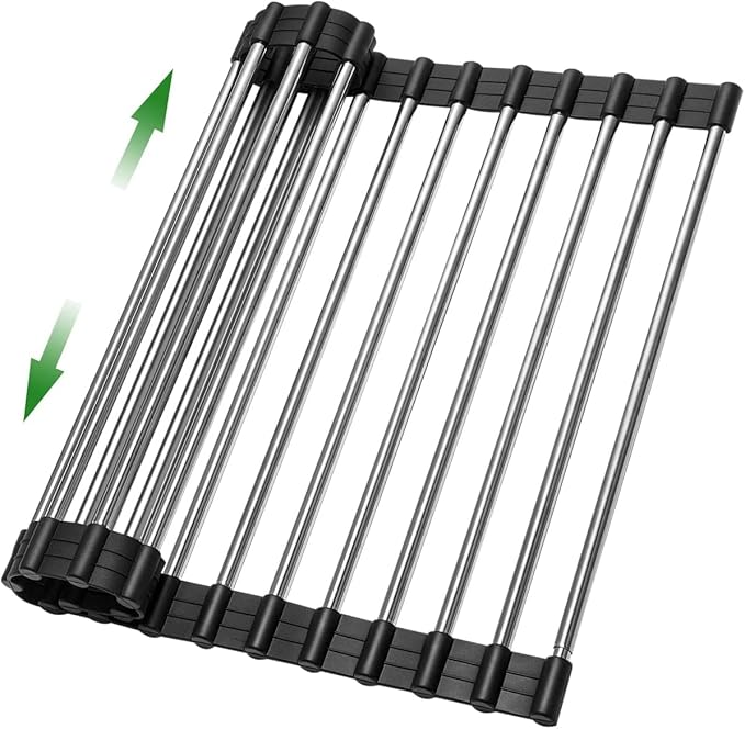 Expandable Roll Up Dish Drying Rack Over The Sink Rack, Foldable Dish Drainer Rack Stainless Steel for Large Sink, Silicone Rollable Collapsible Rack 18 Tube for Kitchen(Sliver,12'' to 21.14”)