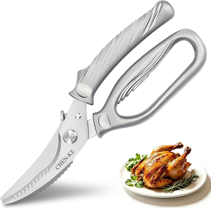 CHEN-KE Rust Resistant Heavy Duty Multipurpose Kitchen Shears-Silver | Stainless Steel Kitchen Scissors, One-Hand, Ergonomic Grip, Sharp Durable Poultry Scissors for Chicken, Meat, Food Cutting