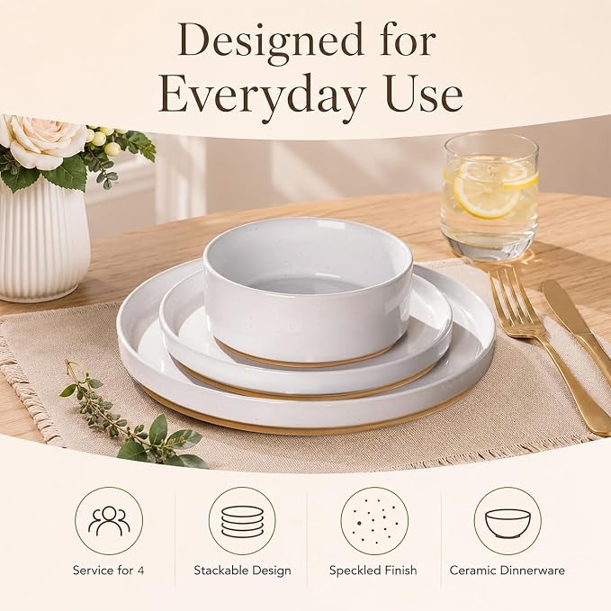 AmorArc Stoneware Dinnerware Sets for 4,12Pcs Plates and Bowls Set | Handmade Ceramic Dish Set,Dishwasher & Microwave Safe,Scratch Resistant-White