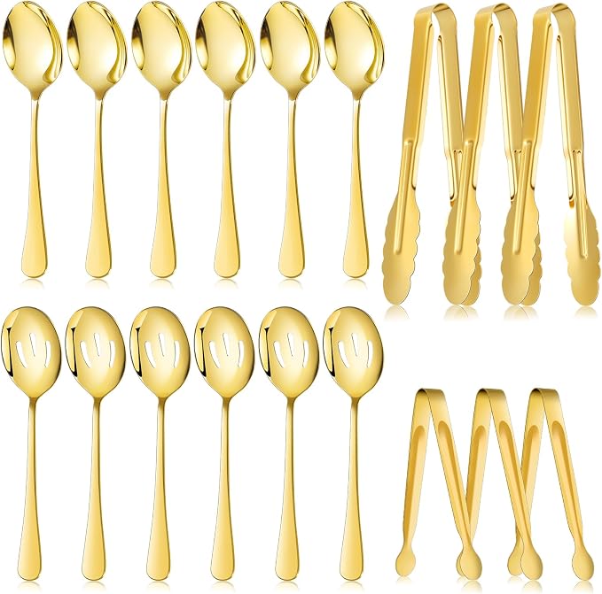 Mwellewm 18Pcs Serving Utensils Set Serving Tongs Serving Spoons for Buffet | Dishwasher Safe, Gold Stainless Steel Tableware, Metal Cutlery, for Parties Weeding Entertaining Catering Banquet Birthday