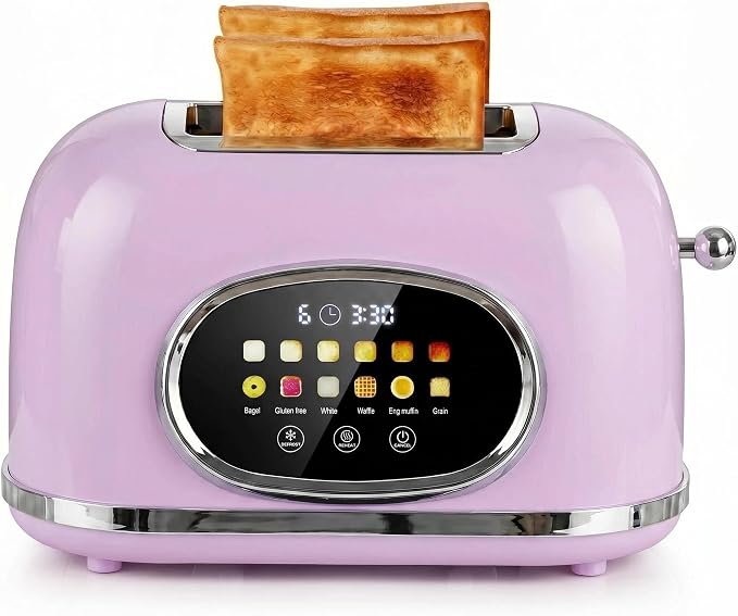 Roter Mond Smart 2 Slice Toaster, Touchscreen, Bagel Defrost, Light Purple | Retro stainless steel, digital timer & sleep mode, 6 bread types & shades, defrost/reheat/cancel,even toasting wide slots