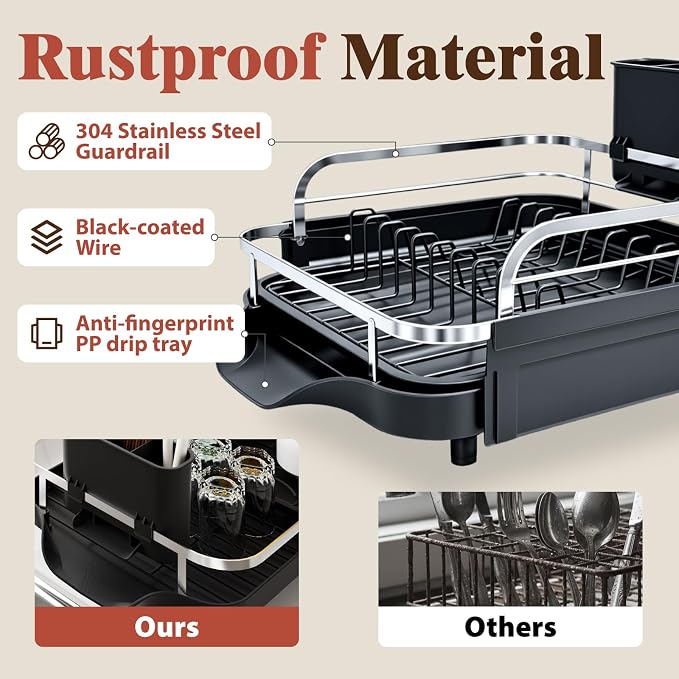Dish Drying Rack, Expandable Stainless Steel Dish Drainer for Kitchen Counter, Rustproof Auto Draining Drainboard, Raised Guardrail, Detachable Utensil Holder, Space Saving Kitchen Organizer (1 Tier)