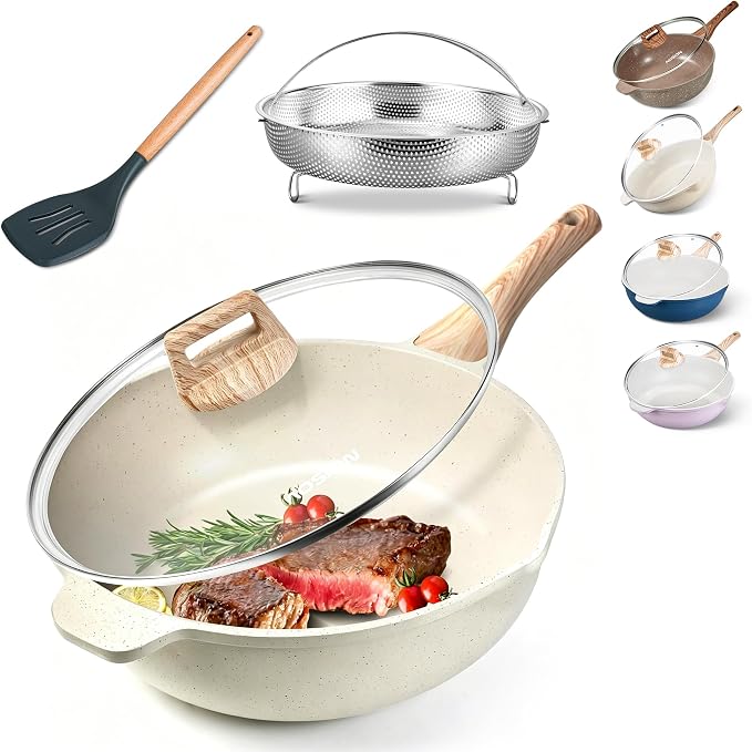 AOSION 11 Inch Nonstick Ceramic Deep Frying Pan with Lid & Steam Rack, 5QT Sauté Pan, Large Ceramic Skillet,Stay Cool Handle, Induction Compatible, PFOA & PFAS Free,white.