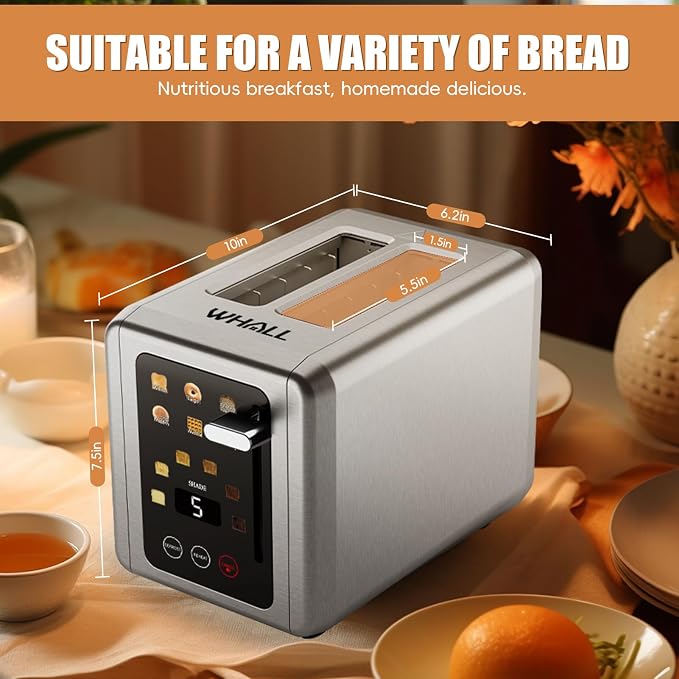 WHALL 2 Slice Toaster, Smart Full Touch Screen, Extra Wide Slots, Silver | Stainless Steel, 6 Shade Settings, Reheat/Defrost/Mute/Standby/Cancel, Bread Bagel Gluten-Free Waffle Pastry, Digital Timer