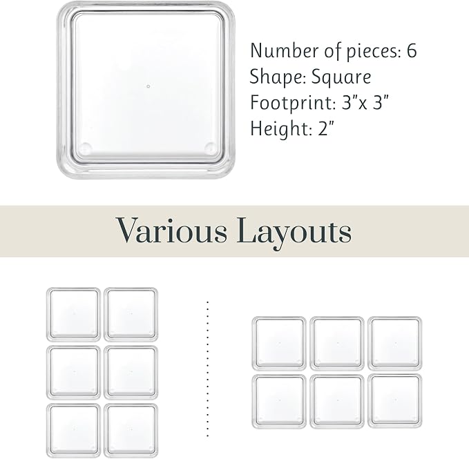 STORi SimpleSort 6-Piece Stackable Clear Drawer Organizer Set | 3" x 3" x 2" Square Trays | Small Makeup Vanity Storage Bins and Office Desk Drawer Dividers | Made in USA