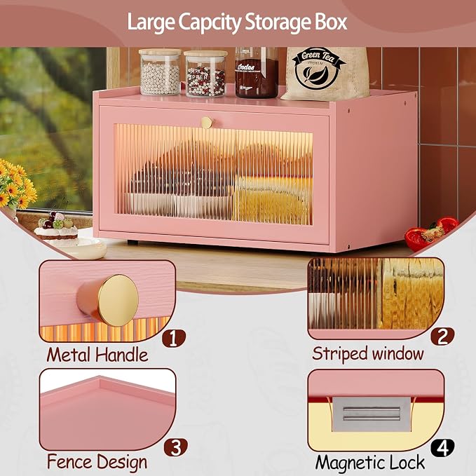 Trironsun Bamboo Bread Box with Led Light for Kitchen Counter Large Capacity Bread Storage Container Kitchen Countertop Organizer with Window Bread Holder (Pink)