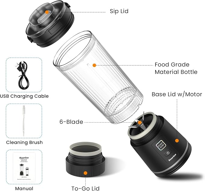 Personal Size Portable Blender for Shakes & Smoothies, 16oz Mini Small Smoothie Blender with On Go Lid & Sip Lid, 26000RPM Rechargeable Cordless Electric Blender for Travel Gym Office (Black)
