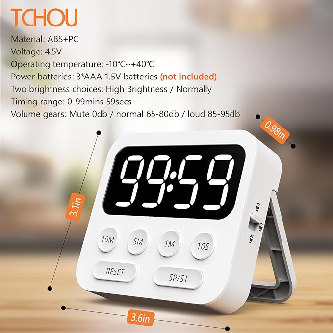 Timer,Digital Kitchen Timer with Stopwatch and Countdown Function | Magnetic Classroom Timer for Kids With Large LED Display and Adjustable Volume for Cooking, Exercise, Baking, Desk