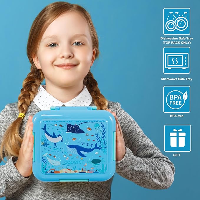 Caperci Bento Box for Kids Age 4-8 - Leak-Proof Toddler Lunch Box Container with 2 Modular Containers & 4 Compartments, Hold 4.8 Cups, Portable Handle, BPA-Free, Microwave/Dishwasher Safe (Sea Life)