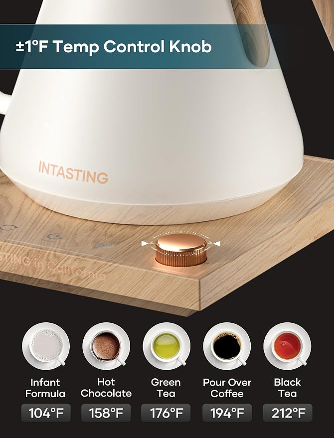 INTASTING Gooseneck Electric Kettle with 1℉ Temperature Control, 0.9 Liter | Fast Heating, Stainless Steel Interior, for Pour Over Coffee, Tea & Boiling Water, Keep Warm, Auto Shut-Off, Cream White