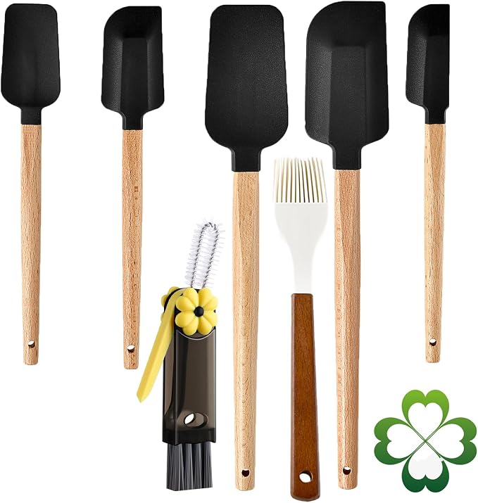 7 Piece Silicone Spatula Set, Food Grade Rubber Spatula Set with Wooden Handle, Heat Resistant Up to 600°F, Silicone Utensils Set for Baking, Cooking & Mixing, Jar, Non-Stick Kitchen Utensils(Black)