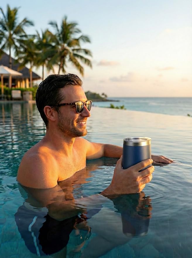 CHILLOUT LIFE 12 oz Stainless Steel Wine Tumbler with Lid - Double Wall Vacuum Insulated Wine Cup Glass Keeping Cold & Hot for Coffee, Champagne, Cocktails, Ice Cream - Powder Coated Navy Blue