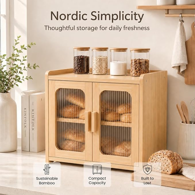 Bread Box for Kitchen Countertop, Large Capacity Wooden Bread Box, Fluted Acrylic Window Farmhouse Bread Storage, 2 Tier Corner Bread Box for Homemade Bread & Sourdough Bread, Natural Bamboo