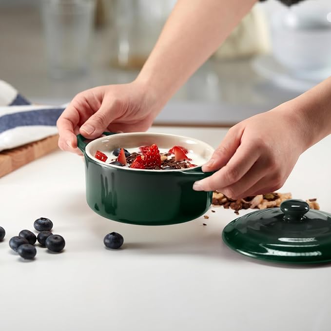 Kook Mini Cocotte, Lids, Handles, Dutch Oven, Set of 4, 12 oz, Forest Green | Individual Baking Ramekins, Microwave Dishwasher Safe Stoneware, Small, Bread, Sourdough, Souffle, Casserole, Oven Safe 500F