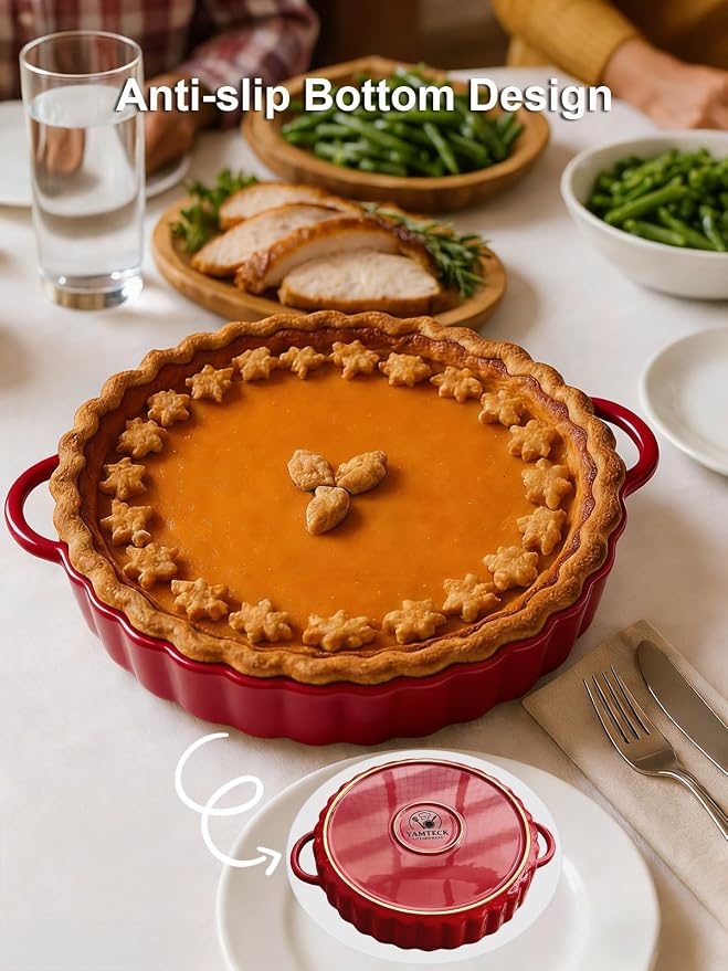 10×2in Deep Ceramic Pie Pan with Handles for Pie Quiche Tart Baking. Easy to grip, Lead-Free. Casserole Lasagna Dish for Thanksgiving Christmas Gift. Oven Microwave Dishwasher Safe. Red
