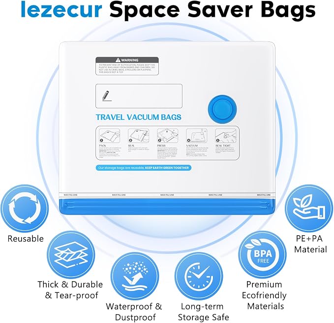 15 Pack Vacuum Storage Bags for Travel with Rechargeable Cordless Pump, Space Saver Bags for Clothes, Compression Packing Bags for Luggage and Suitcase,Blue