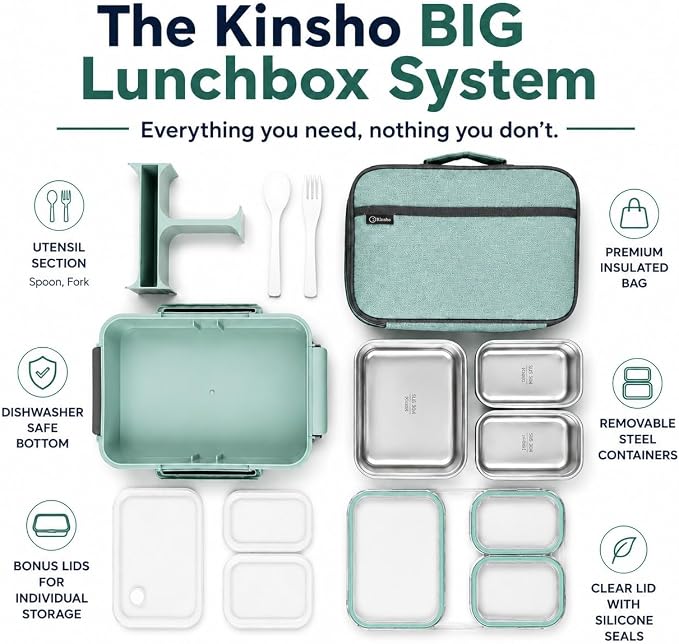 kinsho BIG Bento Lunch Box & Bag, Stainless Steel - Adults Teens Kids Green | Holds 5 Cups in 3 Removable Metal Containers, Silicone Seals, Bonus Lids, Insulated, Utensils, Leakproof for Work School Food