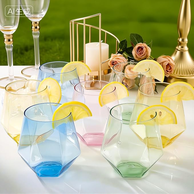 Goodluck 40PCS 12oz Diamond Stemless Plastic Wine Whiskey Glass,Multi-color | Disposable Cocktail Glasses, Suitable for Weddings, Birthday Parties, Family Gatherings, Bars, etc
