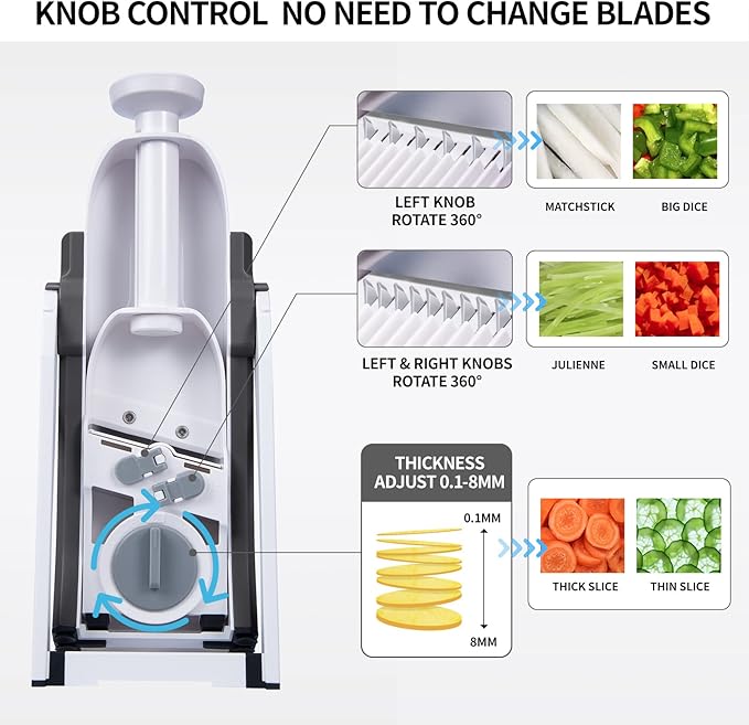 QYKIC Safe Mandoline Slicer,Vegetable Potato Slice Food Cutter for Kitchen,Thickness Adjustable Upright Veggie Chopper for Fast Meal prep (Gray) | Stainless Steel Blades,Potato Vegetables Slicer French Fry Cutter ,Julienne Dicer,with food Container,Dis...