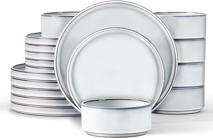 LIANYU 18 PCS Dinnerware Sets for 6, Stoneware Dinner Plates and Bowls Set | Dishware Dish for Home Kitchen Dining, Rustic Terracotta Bottom, Dishwasher & Microwave Safe, Lucent White