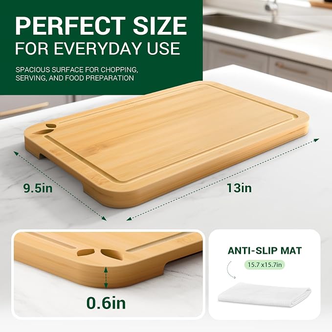 Bamboo Cutting Boards for Kitchen, Wooden Cutting Boards, 13 x 9.5 inch | Knife-Friendly Chopping Boards with Silicone Mat, Charcuterie Boards with Side Handles and Juice Grooves