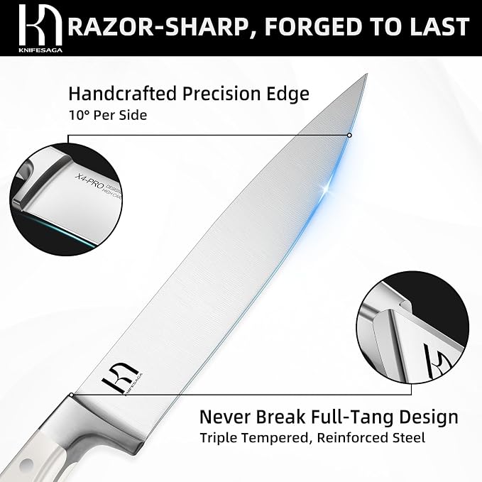 KnifeSaga Japanese Knife Set with Sharpener, Premuim, Razor Sharp, 15 Pcs | Innovative Steel, High Carbon Stainless, Enduring Sharpness, Ergonomic Handle, Quality Acacia Wood Block, Full-tang, Gift Box